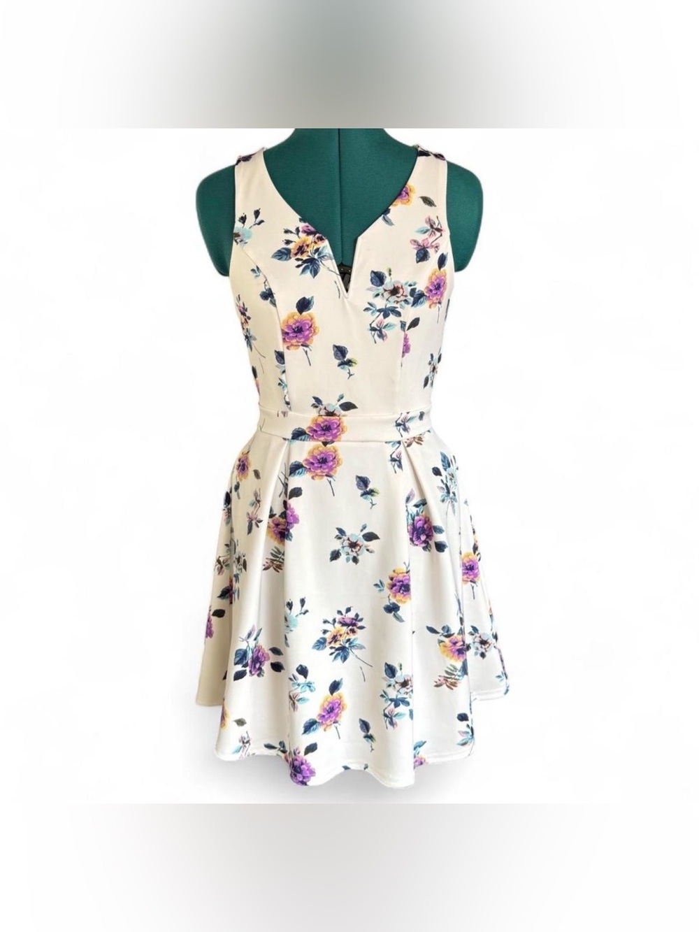 Francesca's Collections Cream Floral V-Neck Skater Dress